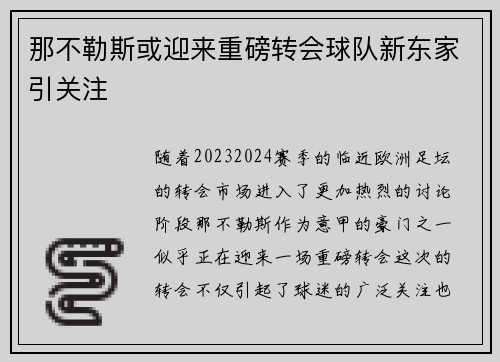 那不勒斯或迎来重磅转会球队新东家引关注