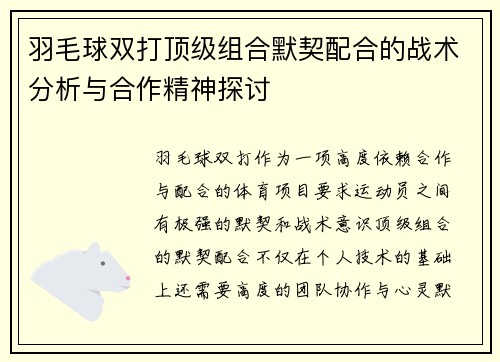 羽毛球双打顶级组合默契配合的战术分析与合作精神探讨