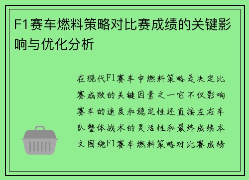 F1赛车燃料策略对比赛成绩的关键影响与优化分析